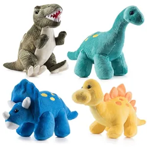 Prextex Plush Dinosaur Stuffed Animal, 4pk, 10'' Cute Dinosaur Plush Toys for Boys & Girls Ages 3 , Stuffed Dinosaurs for Boys, Soft Dino Plush Stuffed Animals Dinosaur Party Favors, Stuffed Dinosaur