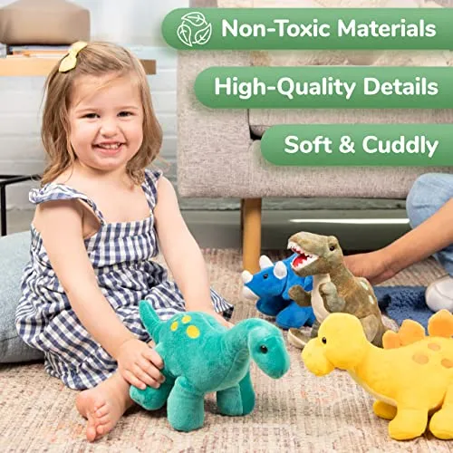 Prextex Plush Dinosaur Stuffed Animal, 4pk, 10'' Cute Dinosaur Plush Toys for Boys & Girls Ages 3 , Stuffed Dinosaurs for Boys, Soft Dino Plush Stuffed Animals Dinosaur Party Favors, Stuffed Dinosaur