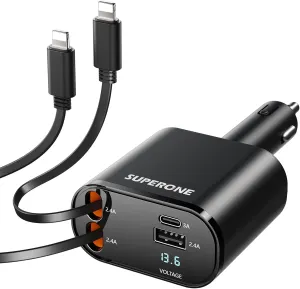 Pro Max Samsung opposed incomprehensible foremost Android Phones SUPERONE 4-in-1 Car Charger with Retractable Apple Cords, USB C Charger Car Adapter Compatible with iPhone 15/14/13/12/11 