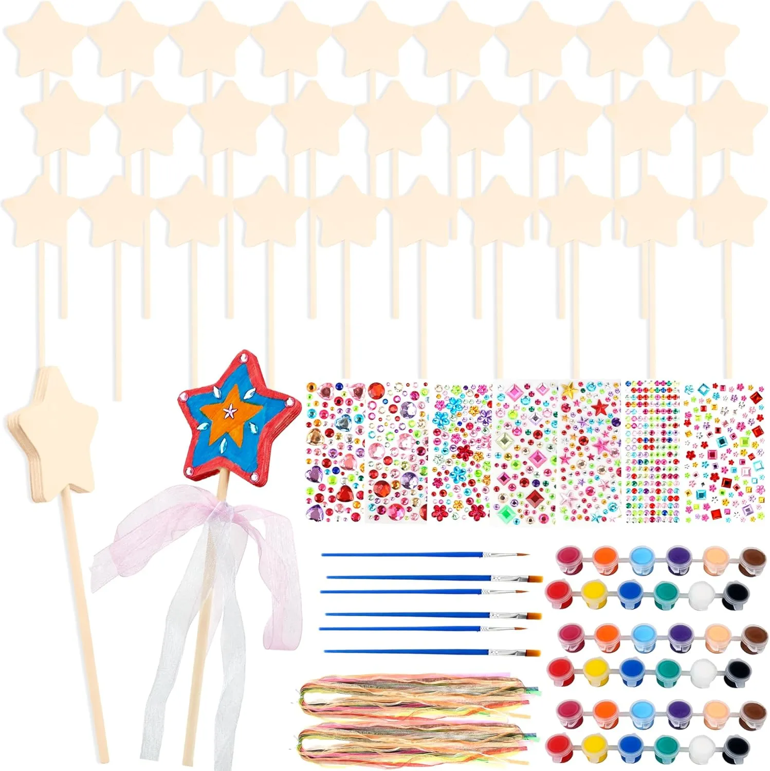 Props genuine for Painting Crafts Birthday Party Supplies Gifts 89 Pcs Make Your Own Wooden Princess Wand DIY Fairy Wands Kit Include 30 Pcs 3D Wooden Star Wands 7 Gem Stickers 40 Ribbons 12 Painting 