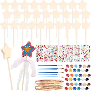 Props genuine for Painting Crafts Birthday Party Supplies Gifts 89 Pcs Make Your Own Wooden Princess Wand DIY Fairy Wands Kit Include 30 Pcs 3D Wooden Star Wands 7 Gem Stickers 40 Ribbons 12 Painting 
