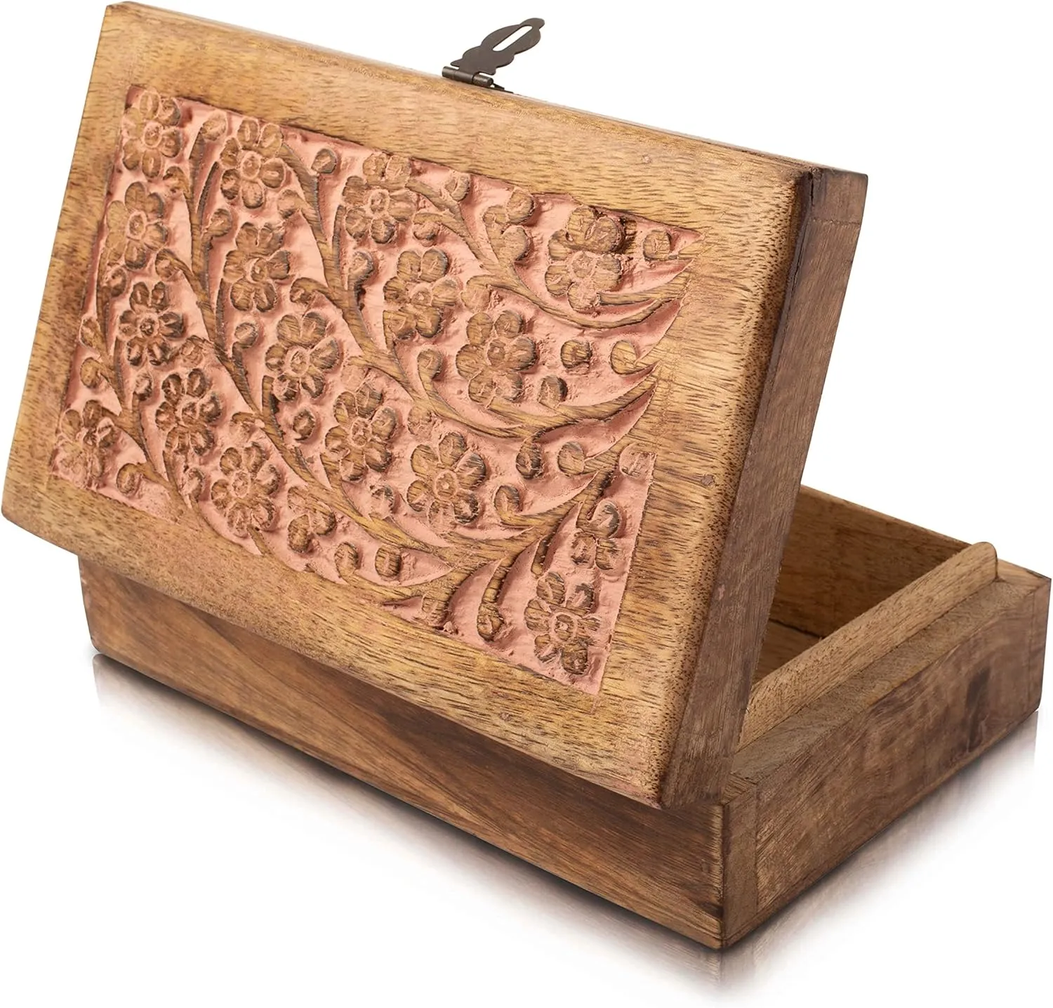pure Gift Ideas Handmade Decorative Wooden Jewelry Box With Lock & Key Jewelry Organizer Keepsake Box Treasure Chest Trinket Holder Watch Box Storage Lock Box Housewarming Gifts (Pink) Great Birthday 