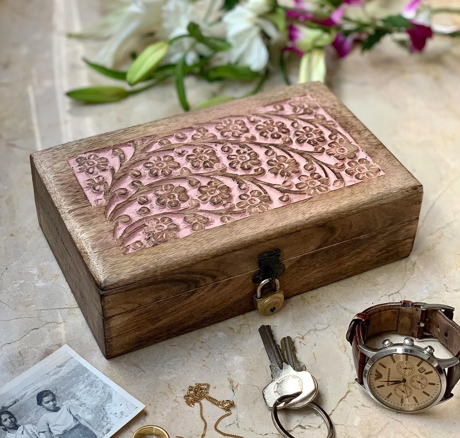 pure Gift Ideas Handmade Decorative Wooden Jewelry Box With Lock & Key Jewelry Organizer Keepsake Box Treasure Chest Trinket Holder Watch Box Storage Lock Box Housewarming Gifts (Pink) Great Birthday 