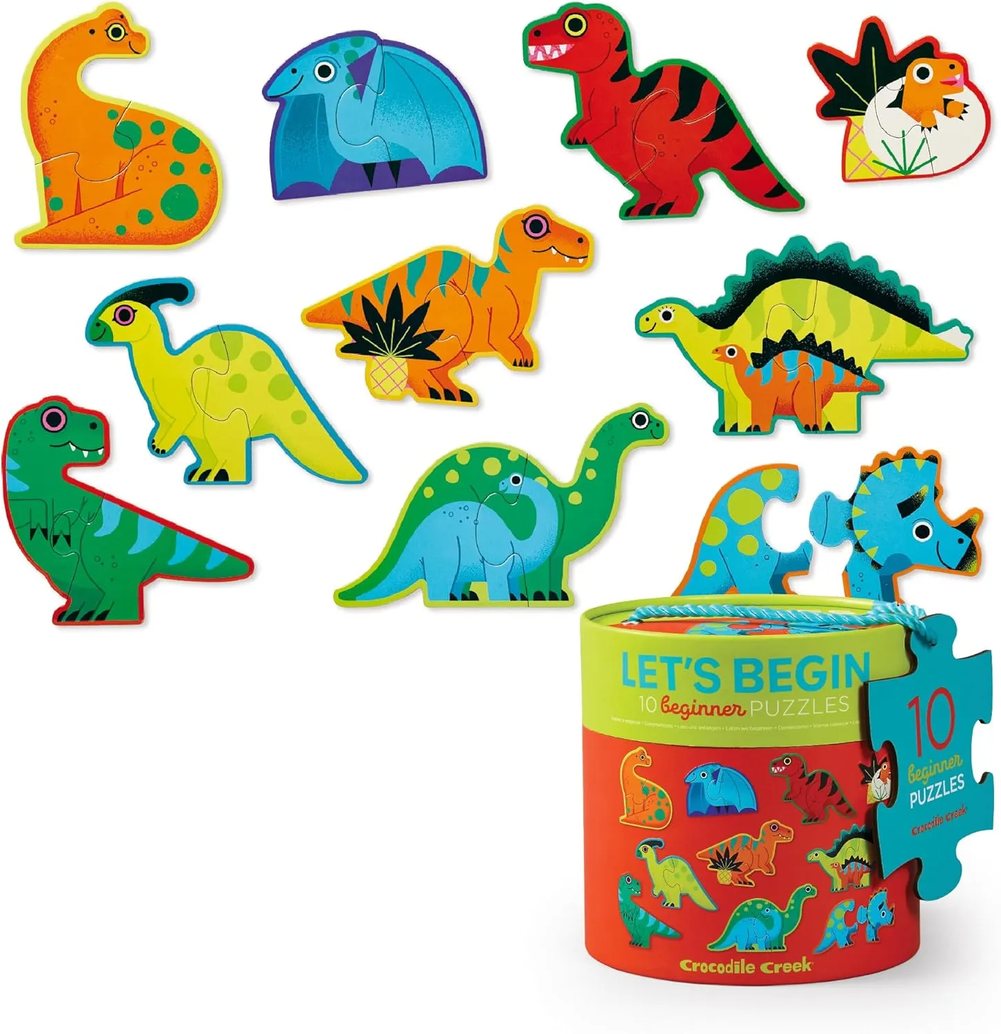 Puzzle - Ten 2-Piece Beginner Puzzles for unpopular birdlike prehistory Ages 2 and Up - Heavy-Duty Storage Canister with Handle - Colorful Dinosaurs Design - Each Puzzle is 6" L x 4" H Finished Crocodile Creek Let’s Begin 