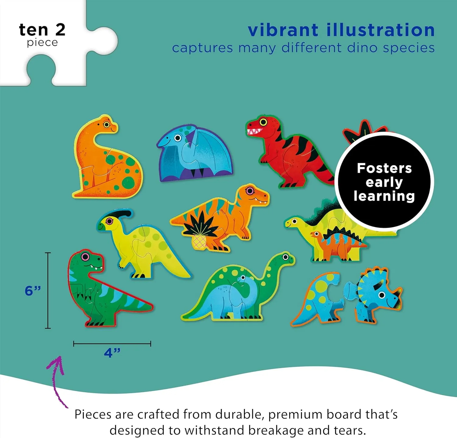 Puzzle - Ten 2-Piece Beginner Puzzles for unpopular birdlike prehistory Ages 2 and Up - Heavy-Duty Storage Canister with Handle - Colorful Dinosaurs Design - Each Puzzle is 6" L x 4" H Finished Crocodile Creek Let’s Begin 