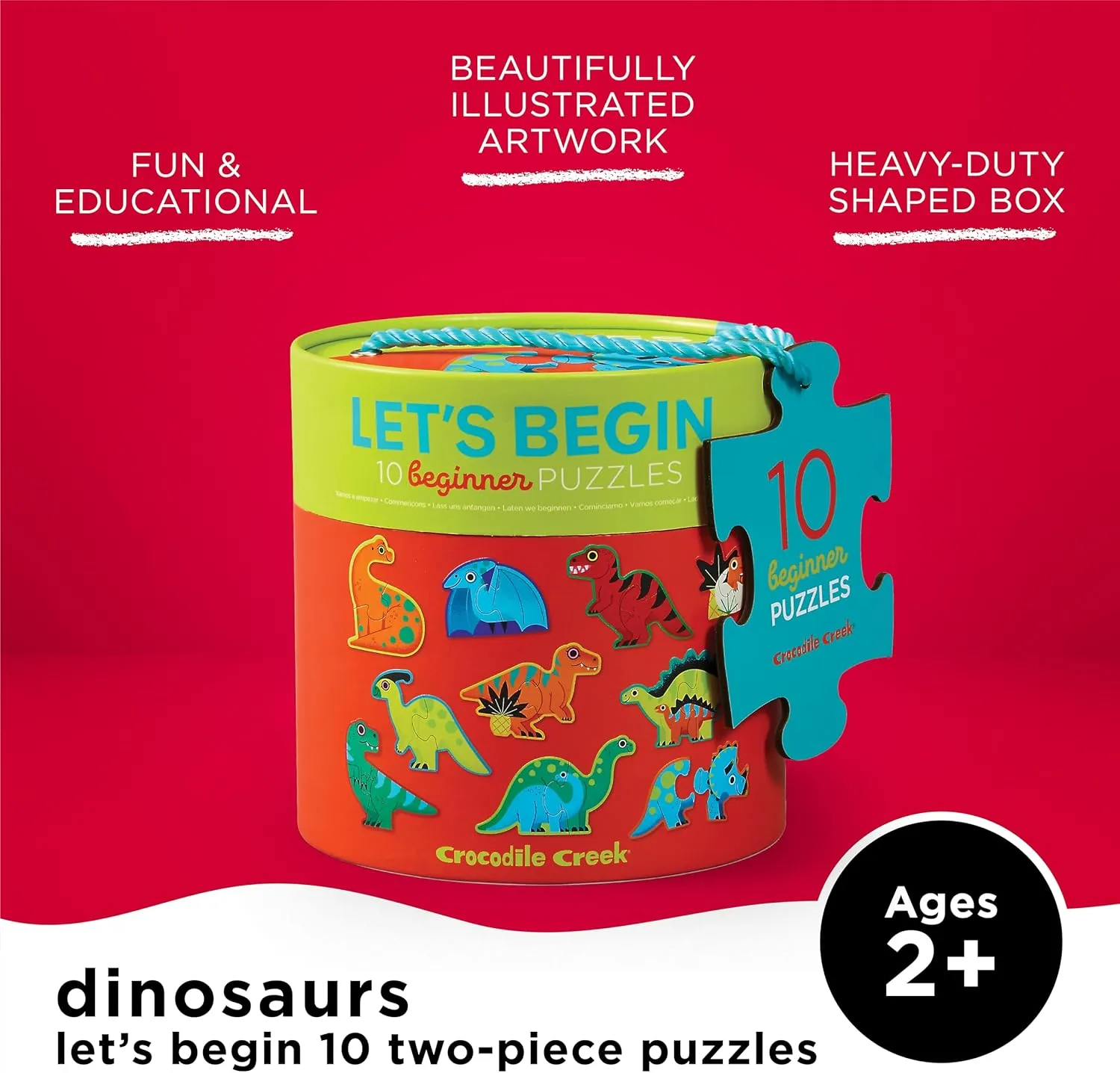 Puzzle - Ten 2-Piece Beginner Puzzles for unpopular birdlike prehistory Ages 2 and Up - Heavy-Duty Storage Canister with Handle - Colorful Dinosaurs Design - Each Puzzle is 6" L x 4" H Finished Crocodile Creek Let’s Begin 