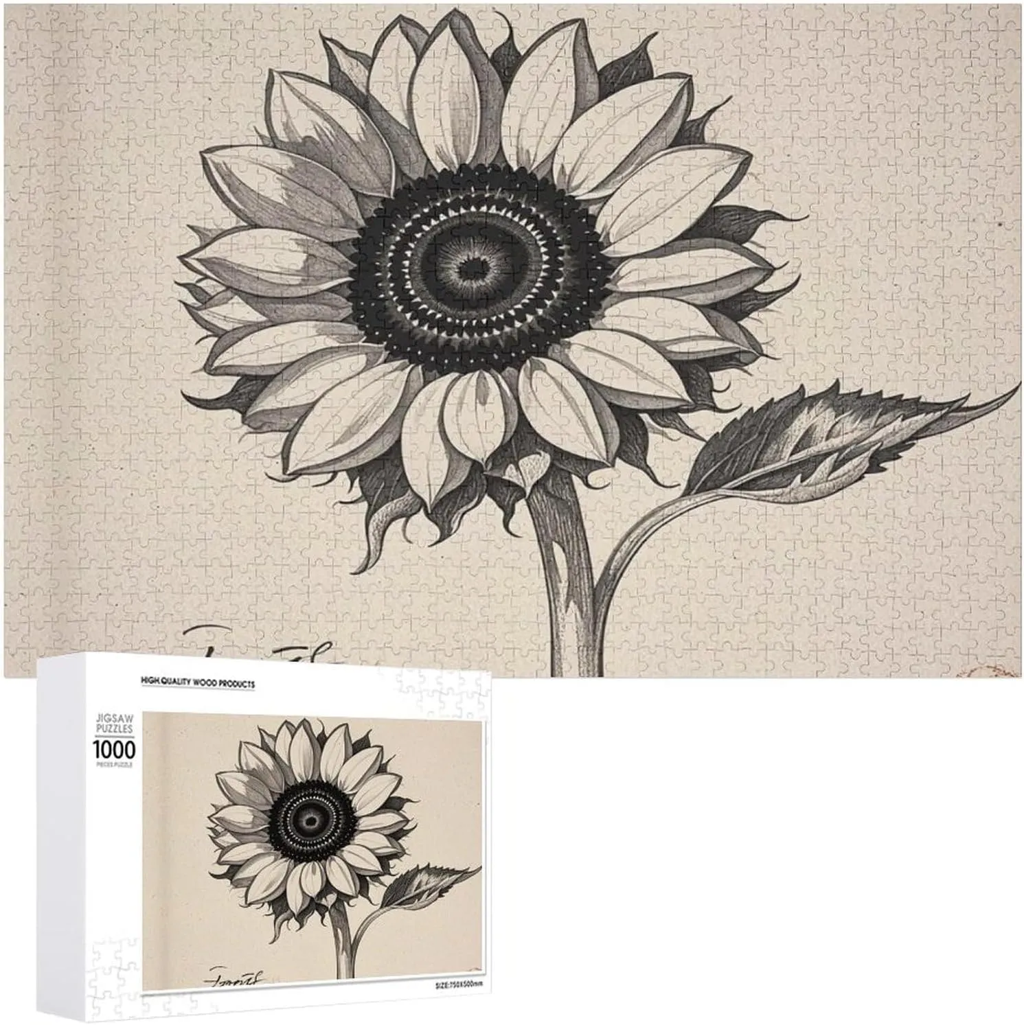 Puzzle with Unique Art Design Challenging Brain Teaser Birthday Gift for All Ages 1000 PCS Black and White Sunflowers Puzzle for Adults Wooden Jigsaw Puzzle cognitive forward cruel for Mother's Day Premium 