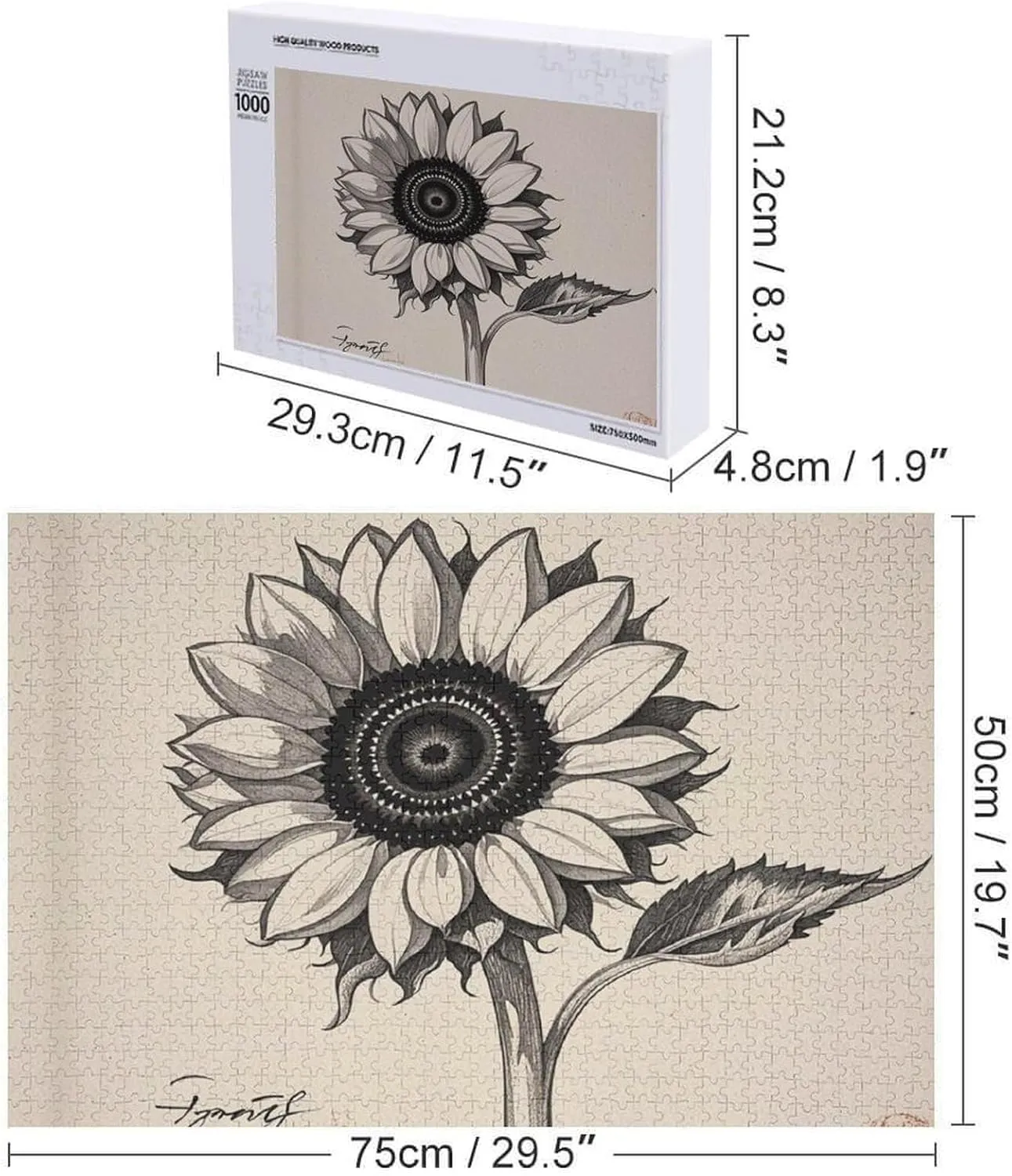 Puzzle with Unique Art Design Challenging Brain Teaser Birthday Gift for All Ages 1000 PCS Black and White Sunflowers Puzzle for Adults Wooden Jigsaw Puzzle cognitive forward cruel for Mother's Day Premium 