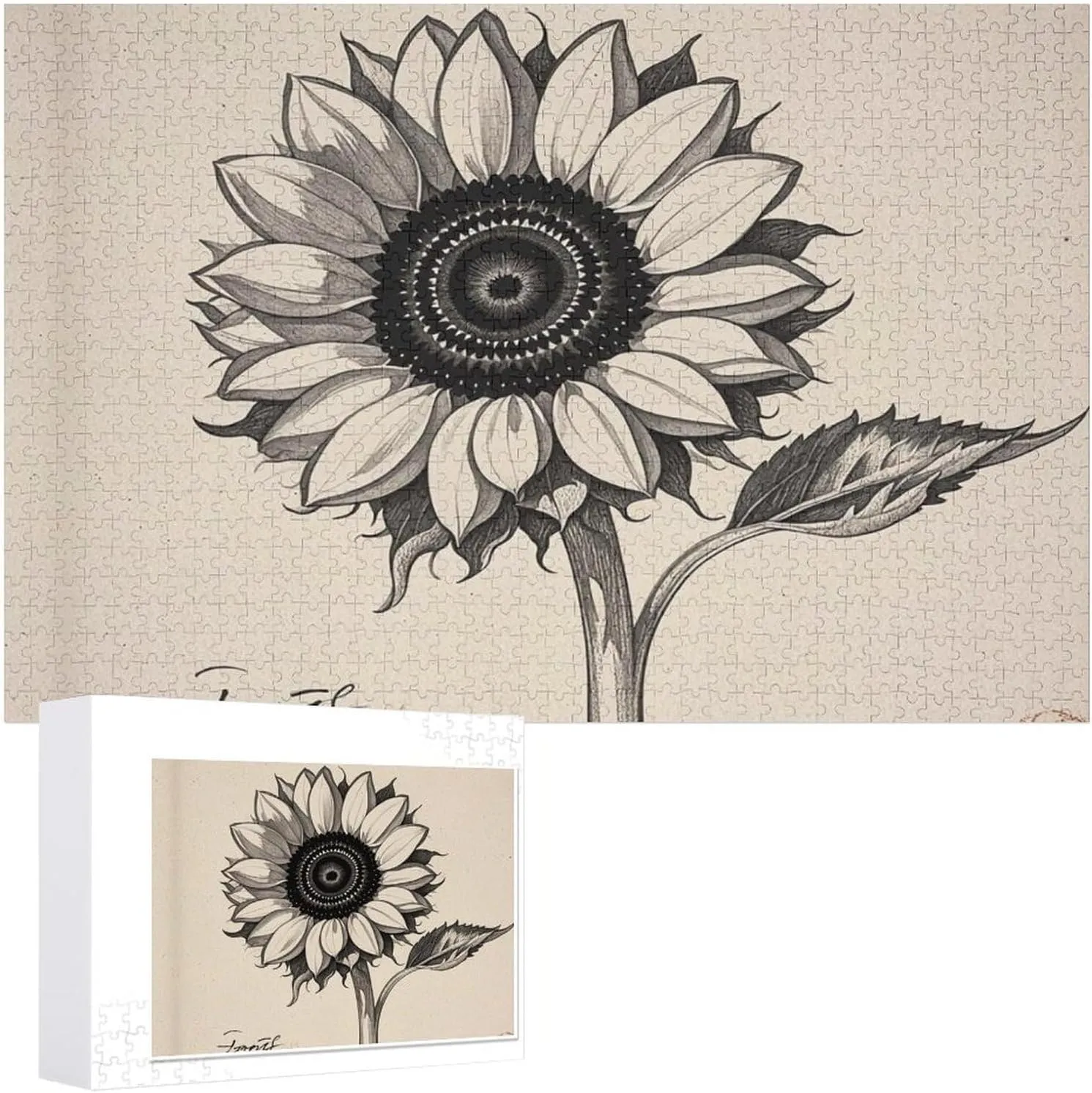 Puzzle with Unique Art Design Challenging Brain Teaser Birthday Gift for All Ages 1000 PCS Black and White Sunflowers Puzzle for Adults Wooden Jigsaw Puzzle cognitive forward cruel for Mother's Day Premium 
