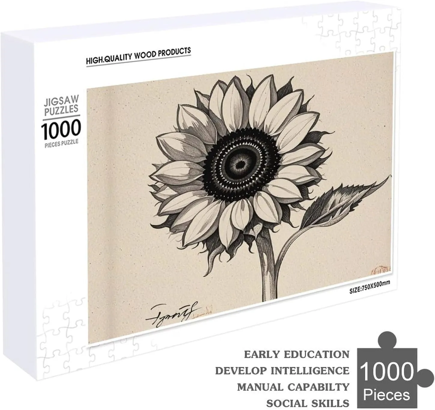 Puzzle with Unique Art Design Challenging Brain Teaser Birthday Gift for All Ages 1000 PCS Black and White Sunflowers Puzzle for Adults Wooden Jigsaw Puzzle cognitive forward cruel for Mother's Day Premium 