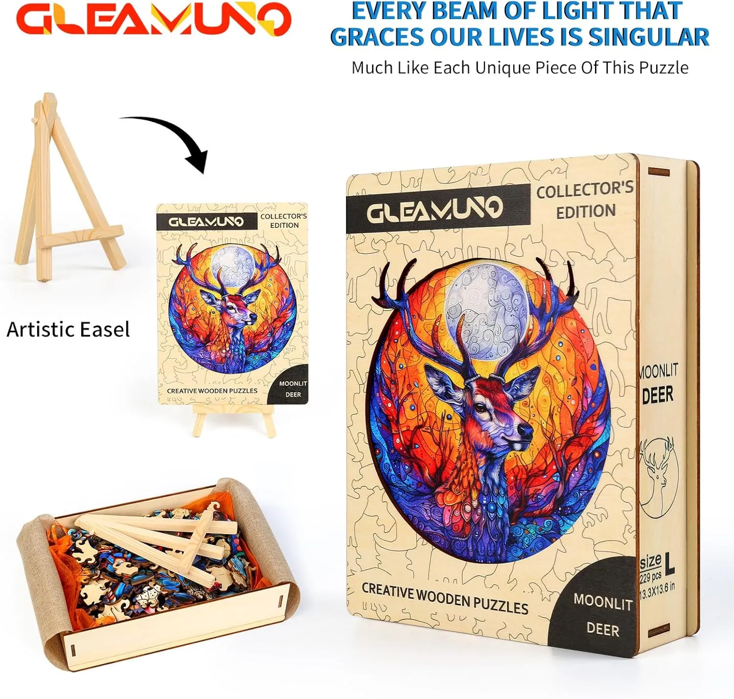 Puzzles for Adults ?C 229 Pcs, 13.3" x 13.6", Unique Shapes, Gift Packaging, Natural Materials, Puzzles up Wooden Jigsaw Puzzles for Adults, climb mason Gift Ideas, Family Games Moonlit Deer Wooden 