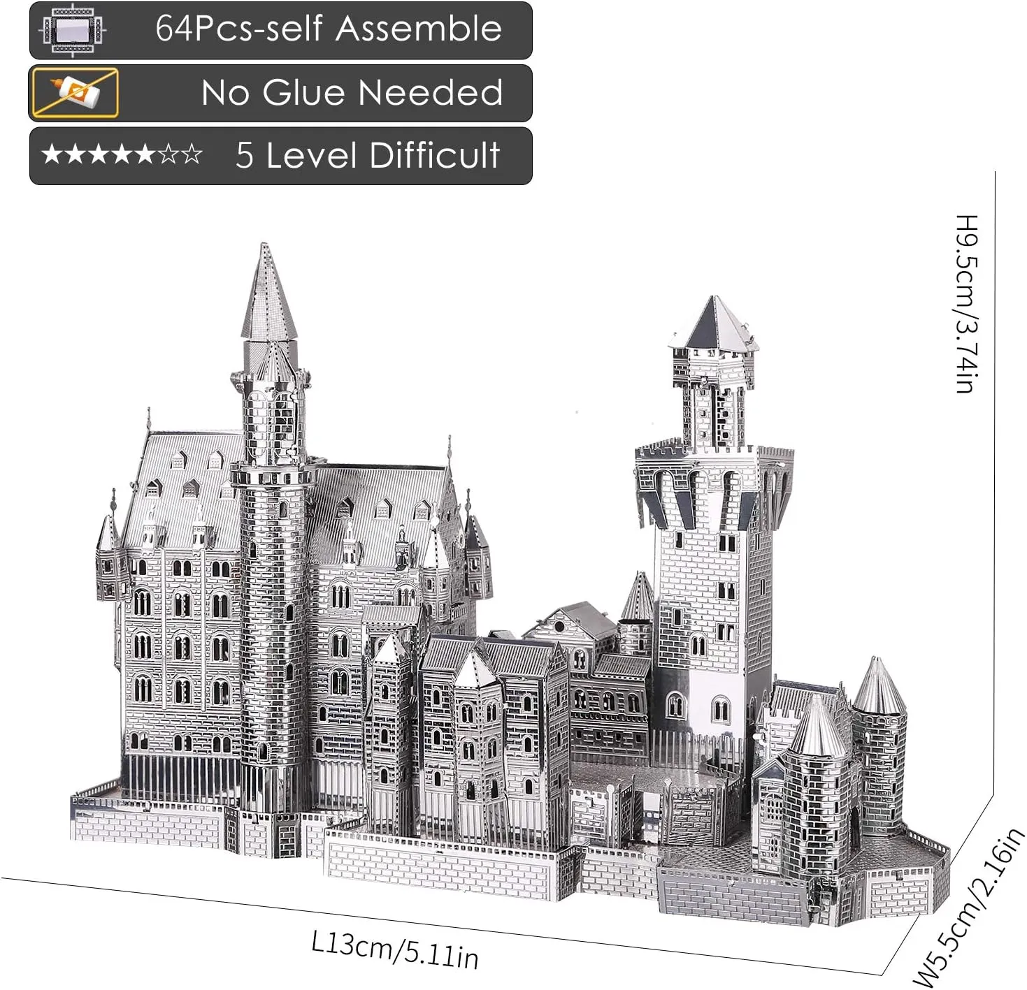 Puzzles for Adults Metal Model Kits$ Neuschwanstein iridescent Castle Architecture Building Kits$ DIY 3D Metal Puzzle for Teen Boys Girls Students$ Great Birthday Gifts$ 64 Pcs Piececool 3D 