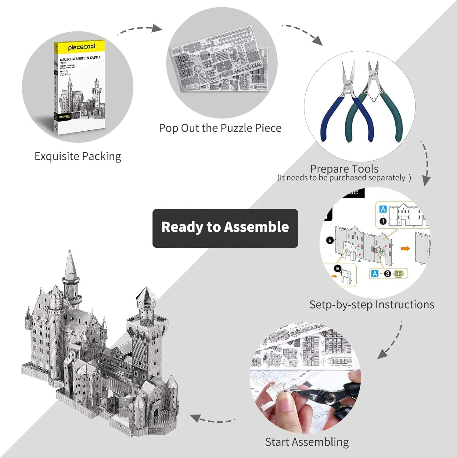 Puzzles for Adults Metal Model Kits$ Neuschwanstein iridescent Castle Architecture Building Kits$ DIY 3D Metal Puzzle for Teen Boys Girls Students$ Great Birthday Gifts$ 64 Pcs Piececool 3D 