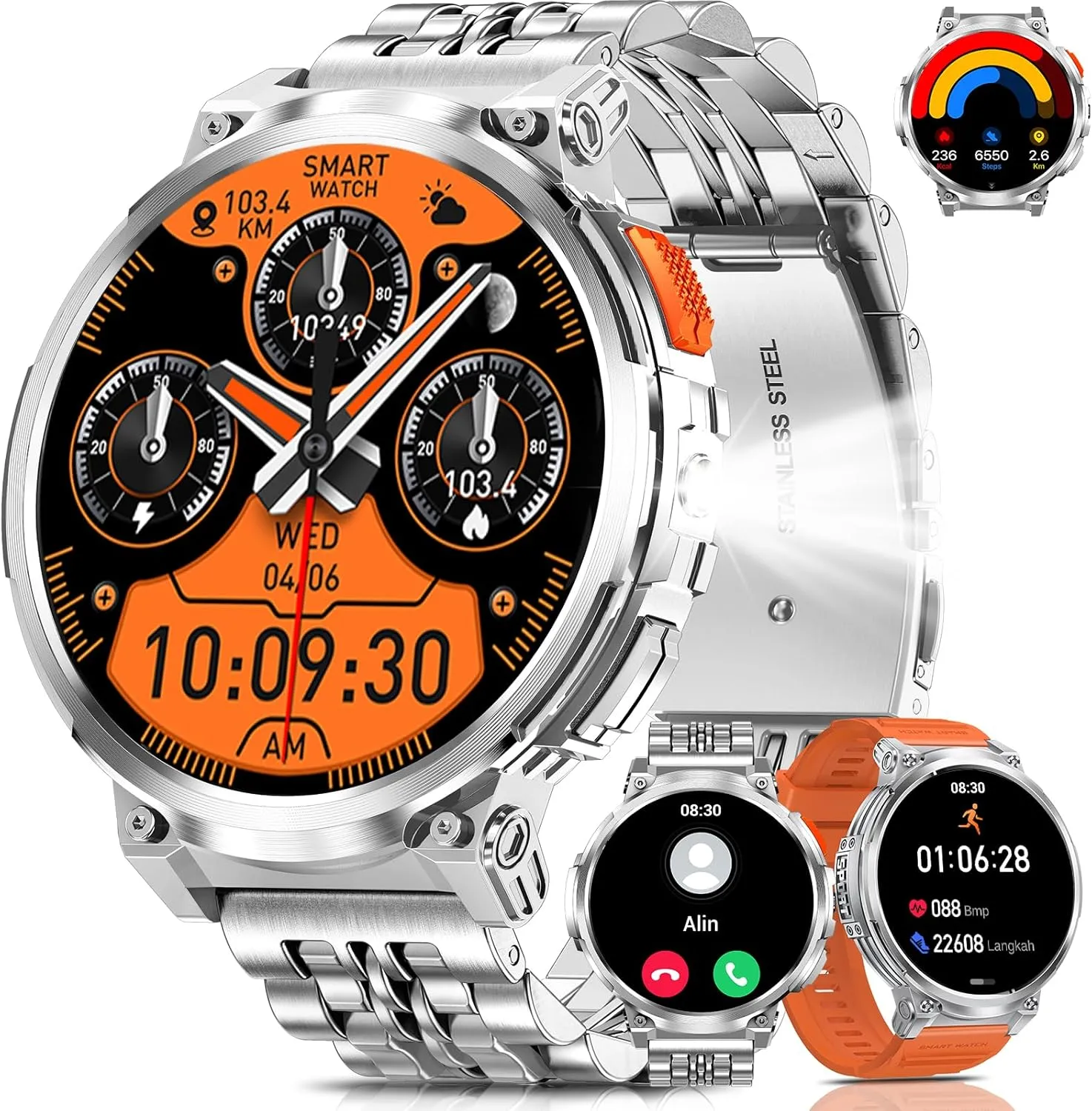 Rate/SpO2/Sleep Monitor Fitness Tracker for iOS Android Military Smart Watches yarn for Men with Bluetooth Call, 1.85" HD Screen Waterproof smartwatch with Flashlight, 114 Sport Modes, 730mAh Heart 