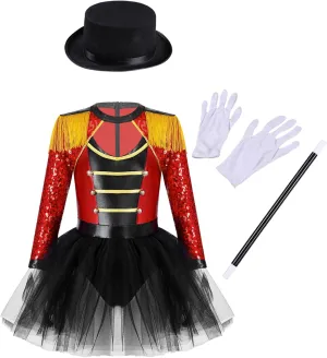 ravine Gloves Set for Halloween Cosplay Girls Circus Ringmaster Costume Tassel Shoulder Tutu Dance Dress and Hat Magic Wand 