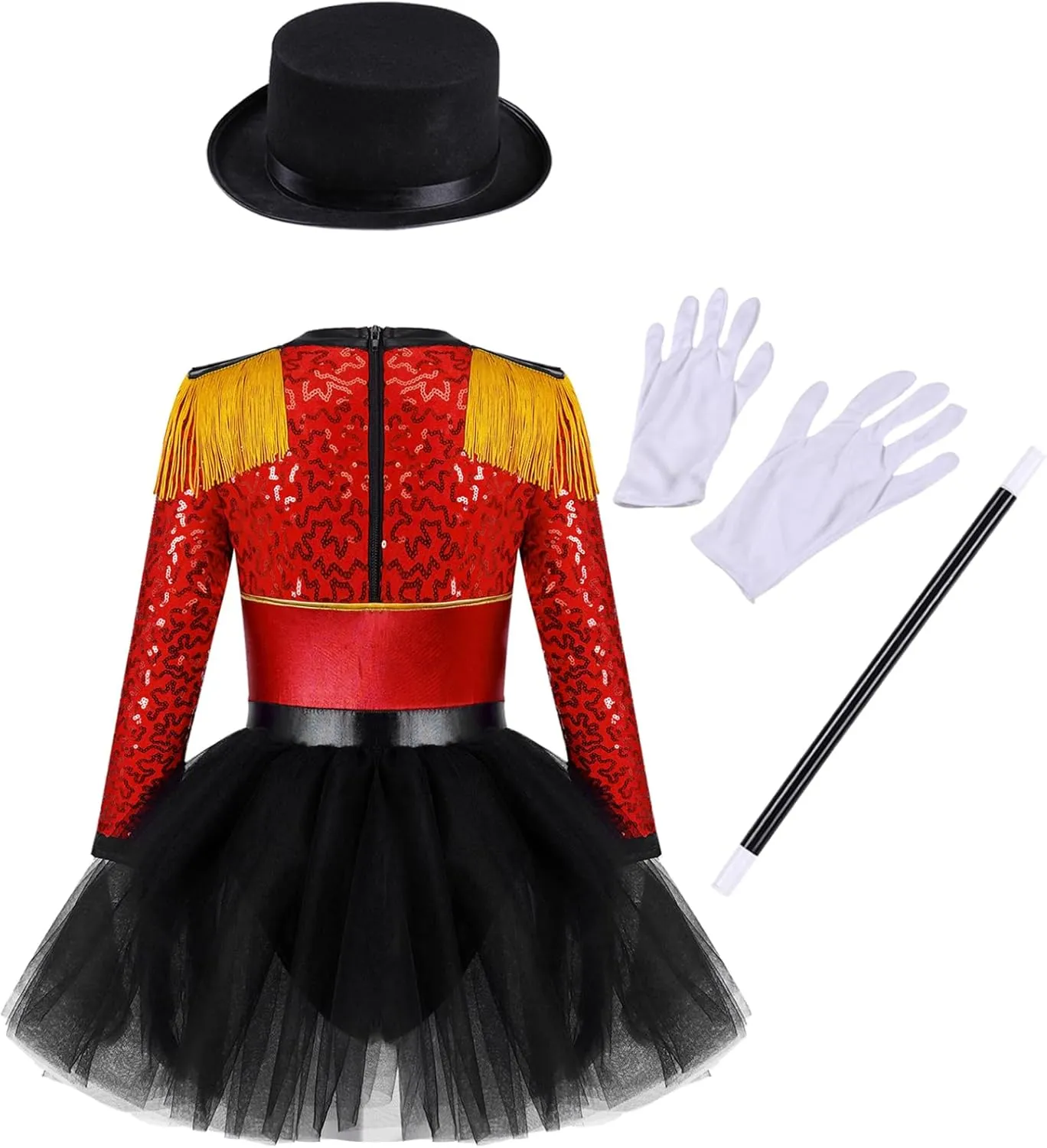 ravine Gloves Set for Halloween Cosplay Girls Circus Ringmaster Costume Tassel Shoulder Tutu Dance Dress and Hat Magic Wand 