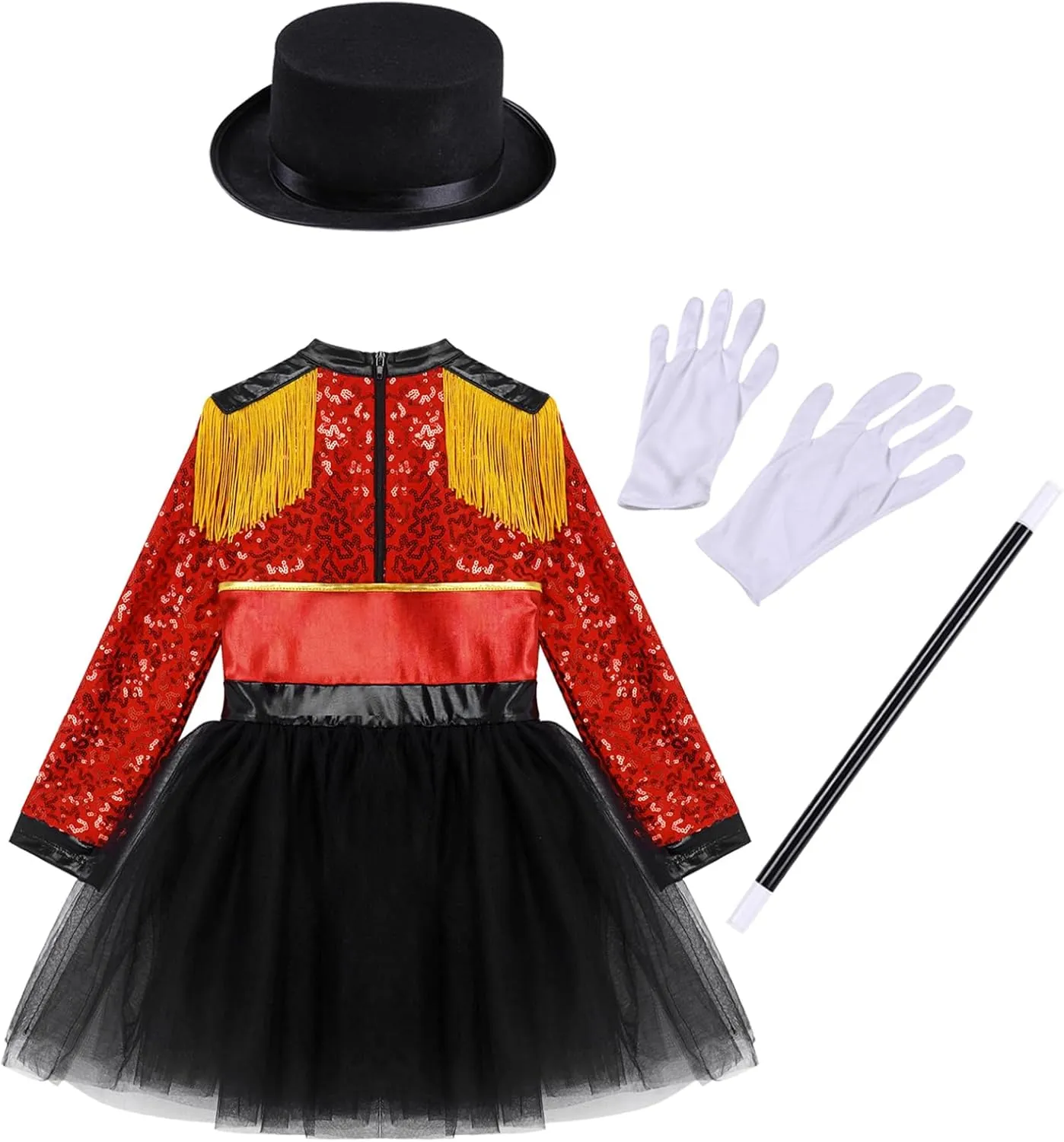 ravine Gloves Set for Halloween Cosplay Girls Circus Ringmaster Costume Tassel Shoulder Tutu Dance Dress and Hat Magic Wand 