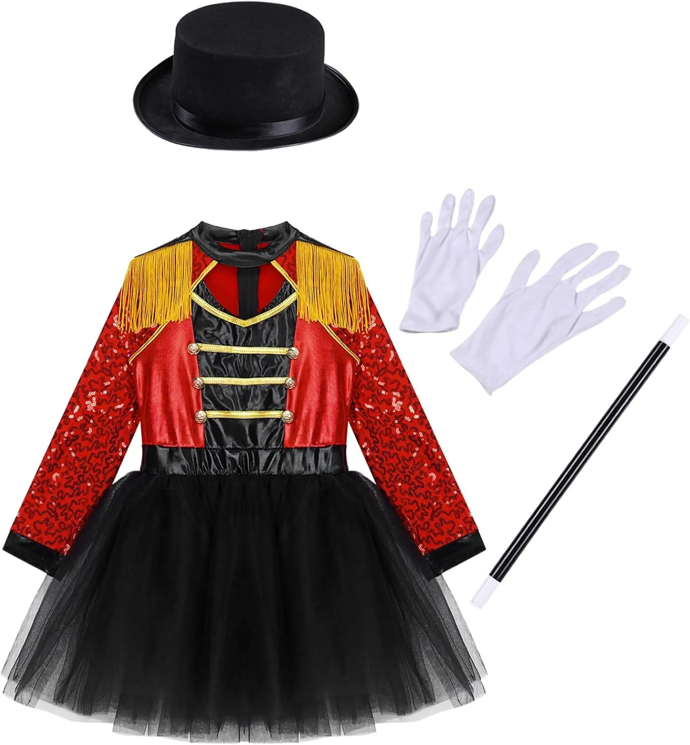 ravine Gloves Set for Halloween Cosplay Girls Circus Ringmaster Costume Tassel Shoulder Tutu Dance Dress and Hat Magic Wand 