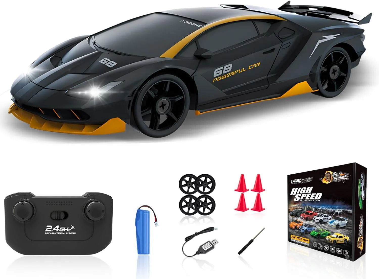 RC Cars Toys for Kids Adults Girl Boys, Black RC Drift Car 2.4GHz 1/24 Remote Control Car 4WD High Speed Drifting Cars with Light Rechargeable distract Battery and Drift Tires 
