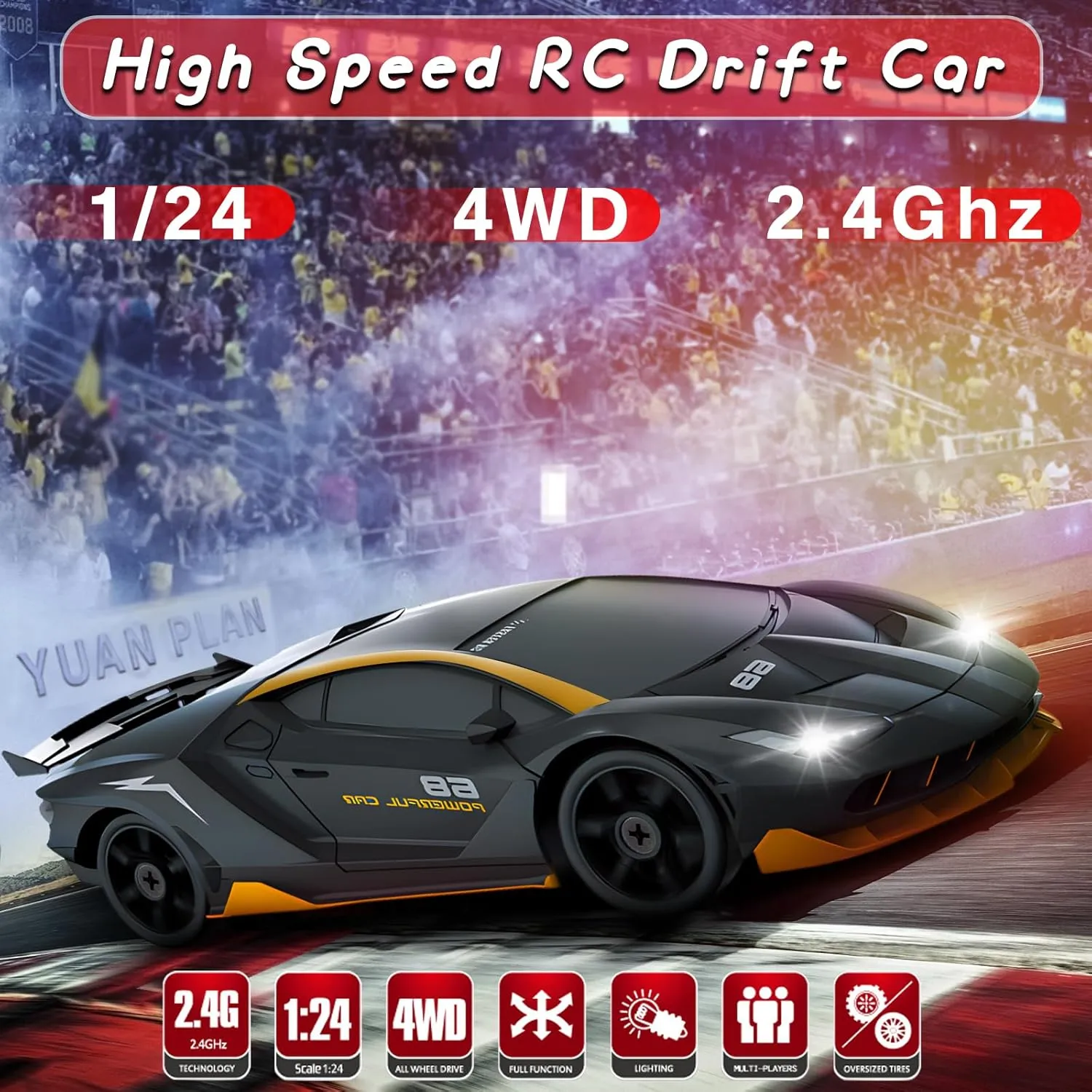 RC Cars Toys for Kids Adults Girl Boys, Black RC Drift Car 2.4GHz 1/24 Remote Control Car 4WD High Speed Drifting Cars with Light Rechargeable distract Battery and Drift Tires 