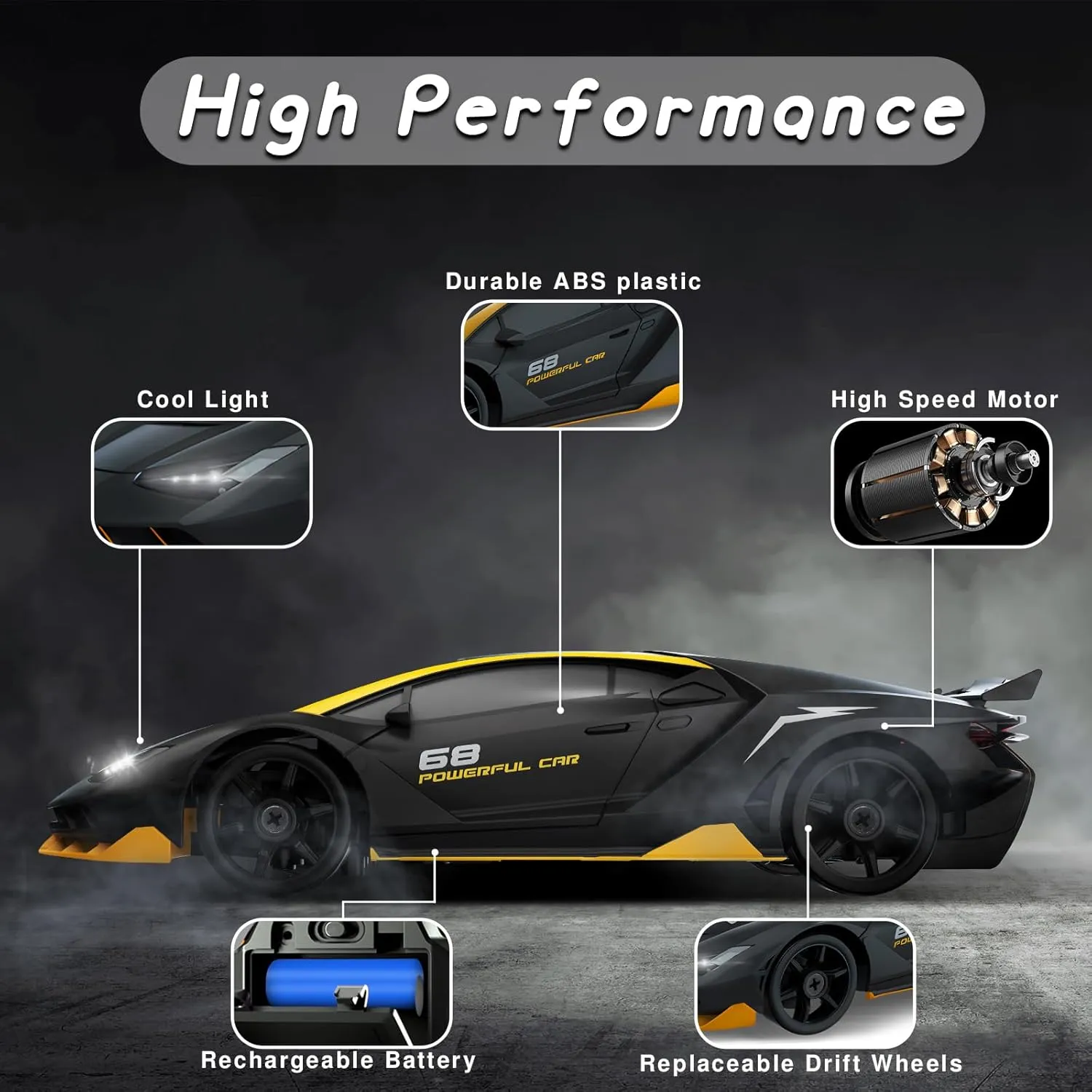 RC Cars Toys for Kids Adults Girl Boys, Black RC Drift Car 2.4GHz 1/24 Remote Control Car 4WD High Speed Drifting Cars with Light Rechargeable distract Battery and Drift Tires 