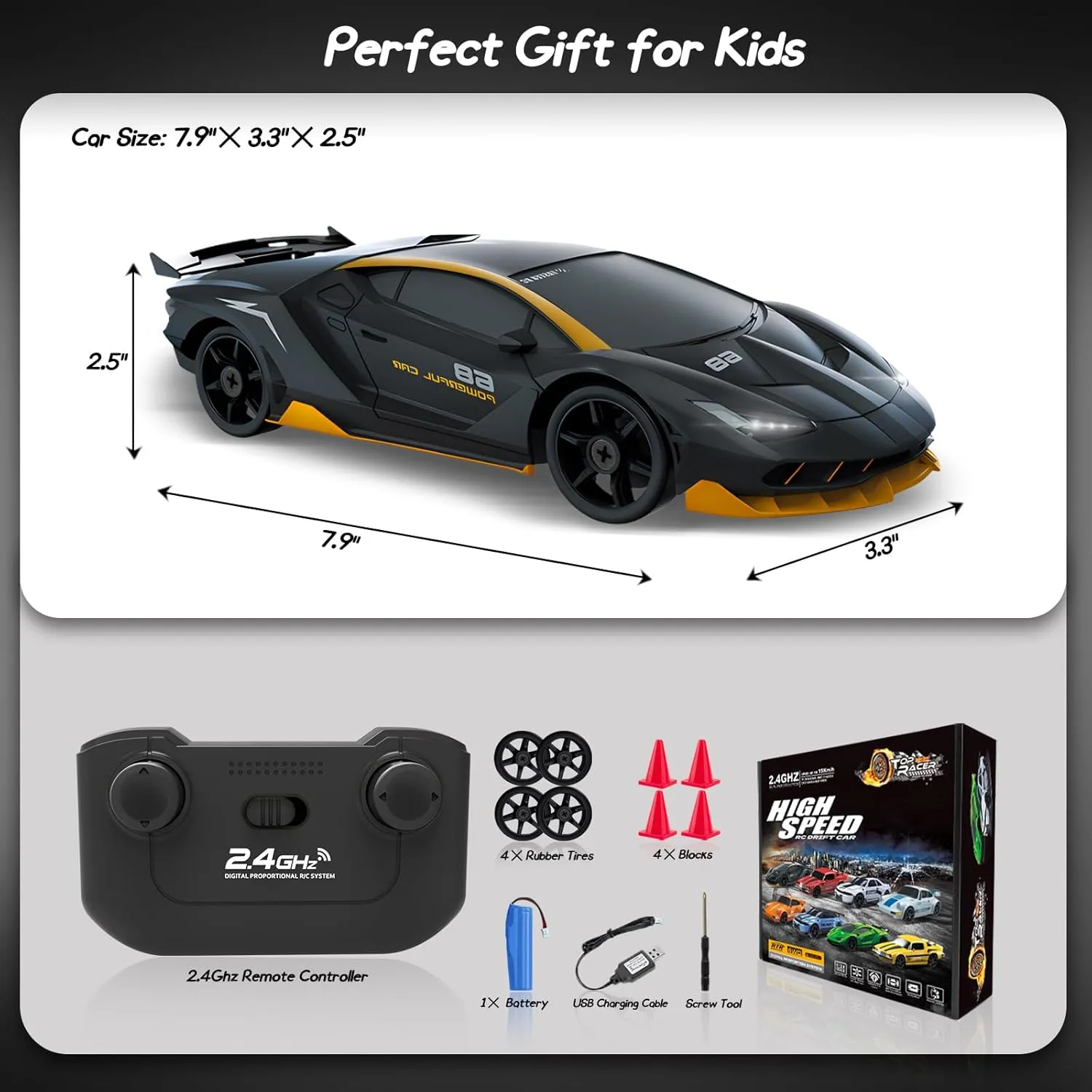 RC Cars Toys for Kids Adults Girl Boys, Black RC Drift Car 2.4GHz 1/24 Remote Control Car 4WD High Speed Drifting Cars with Light Rechargeable distract Battery and Drift Tires 