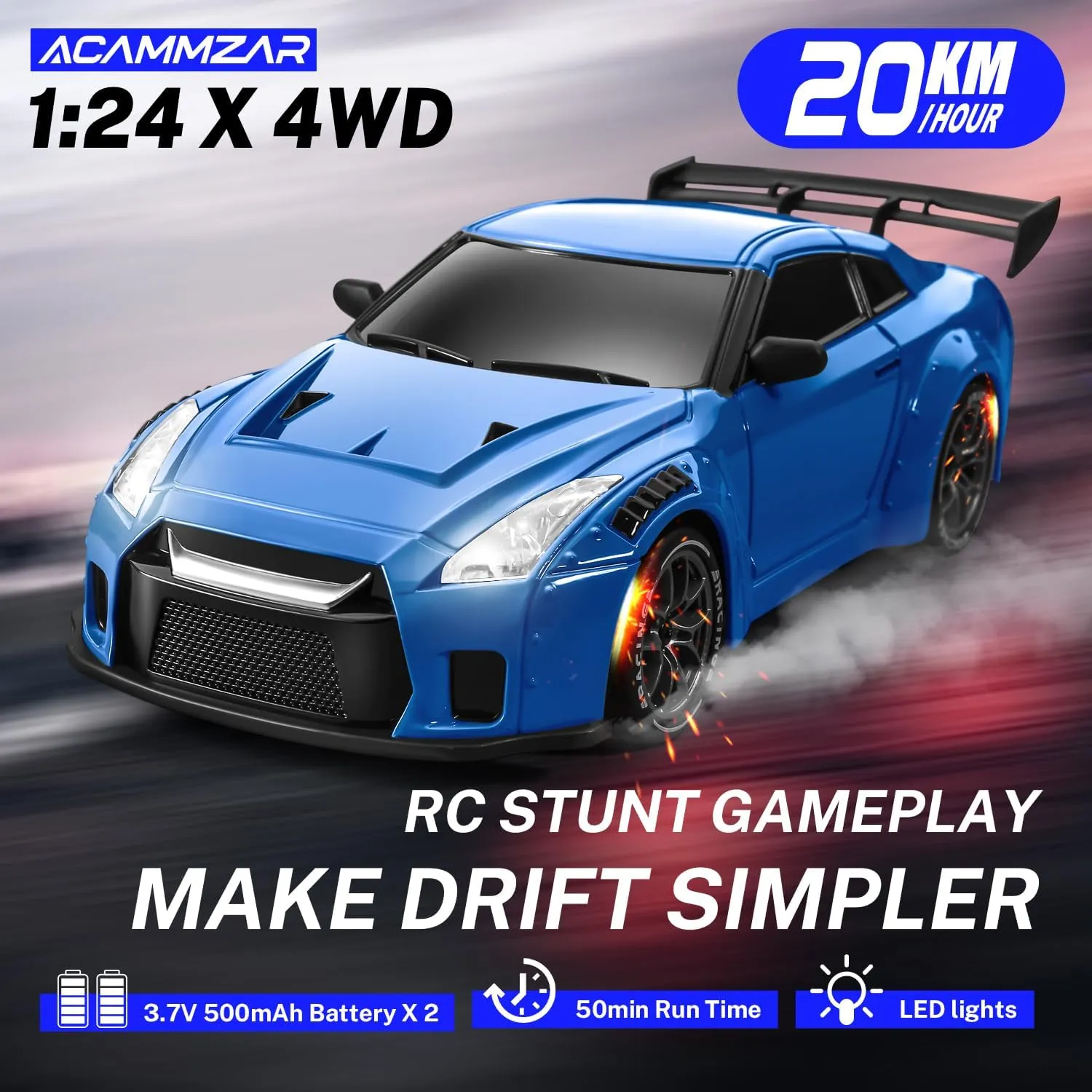 RC Cars with Lights$ Extra Racing Tires$ Vehicle for charter quasar Adults Boys Girls$ Blue ACAMMZAR RC Drift Car$ 1:24 Remote Control Car for Kids$ 20KM/H 4WD High Speed 