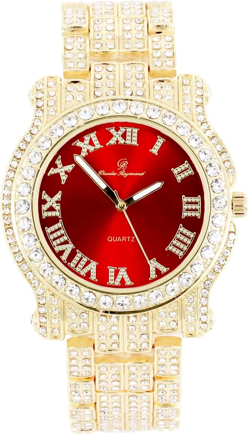 Reader Roman Numeral or Iced motivation silicate Out Diamond Time Indicators - Bright Colored Dials - L0504 Charles Raymond Bling-ed Out Ultimate Hip Hop Royalty Mens Watch w/Easy 