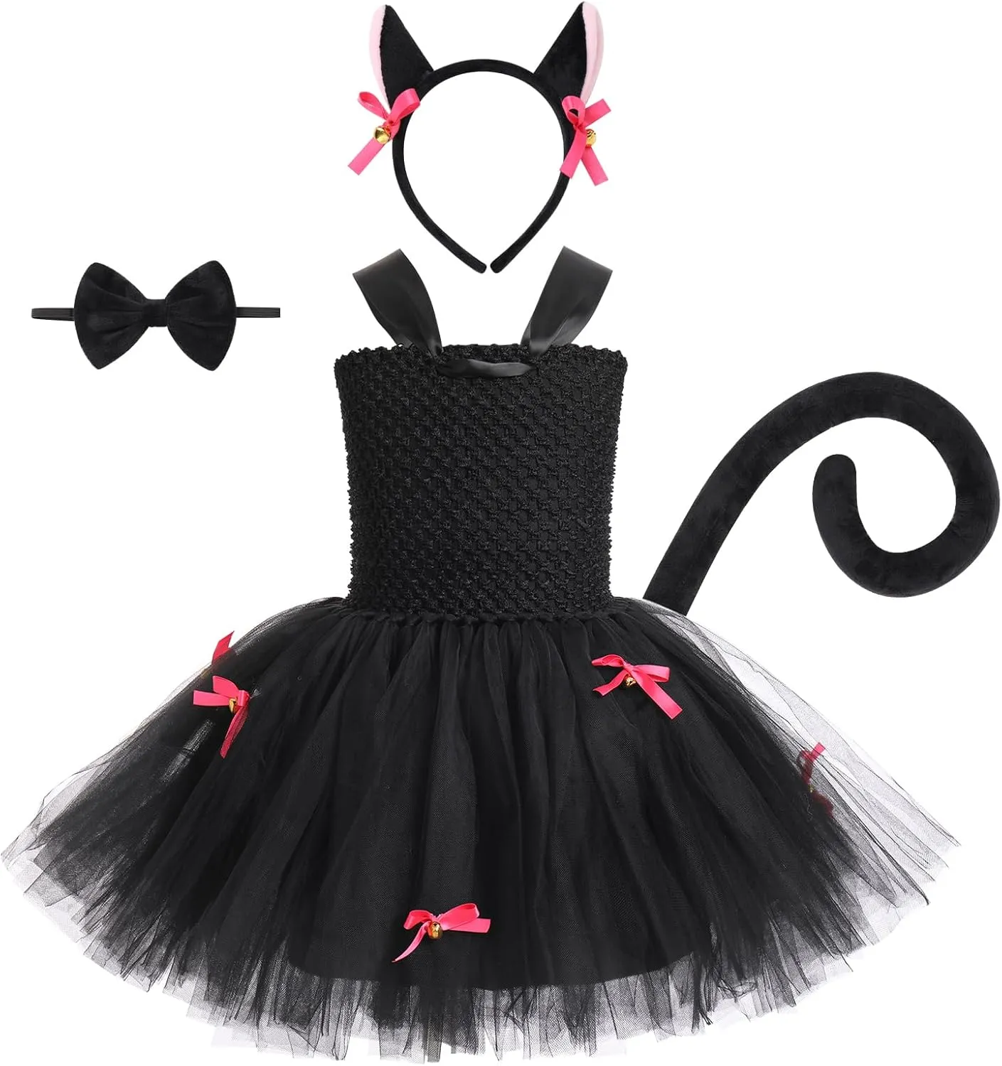 residue genius Cat Kids Halloween Costume - Cat Ears, Tail, Bowtie & Headband for Girls (6-12 Months) Black 