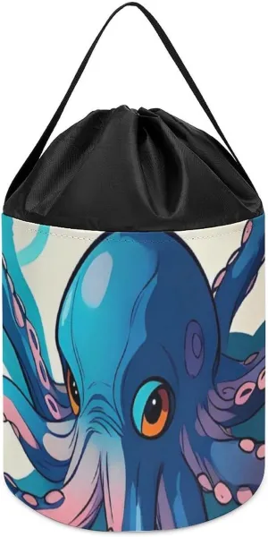 Round Toys Clothes Storage Basket for Playroom Blue And Purple Octopus Toy Storage Basket Reusable outline modestly Drawstring Toy Bucket Bags Toy Hamper 