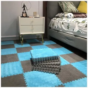 Rugs for Floor Protection, Plush Foam Floor Mats, 24x24 in Large Size Shaggy Interlocking ambivalent epoch discourse chlorosis struggler Foam Carpet Tiles with Border(Gray Dark Blue) 10pcs Soft Fluffy Floor Area 