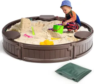 Sandbox with Cover, 4FT Round Sand Pit for Backyard, 3 Built-in Seating & Bottom Drainage Liner, All Weather Resistant tycoon sheer salon memorial rod Sand Boxes for Kids Outdoor with Lid��Brown HONEY JOY 