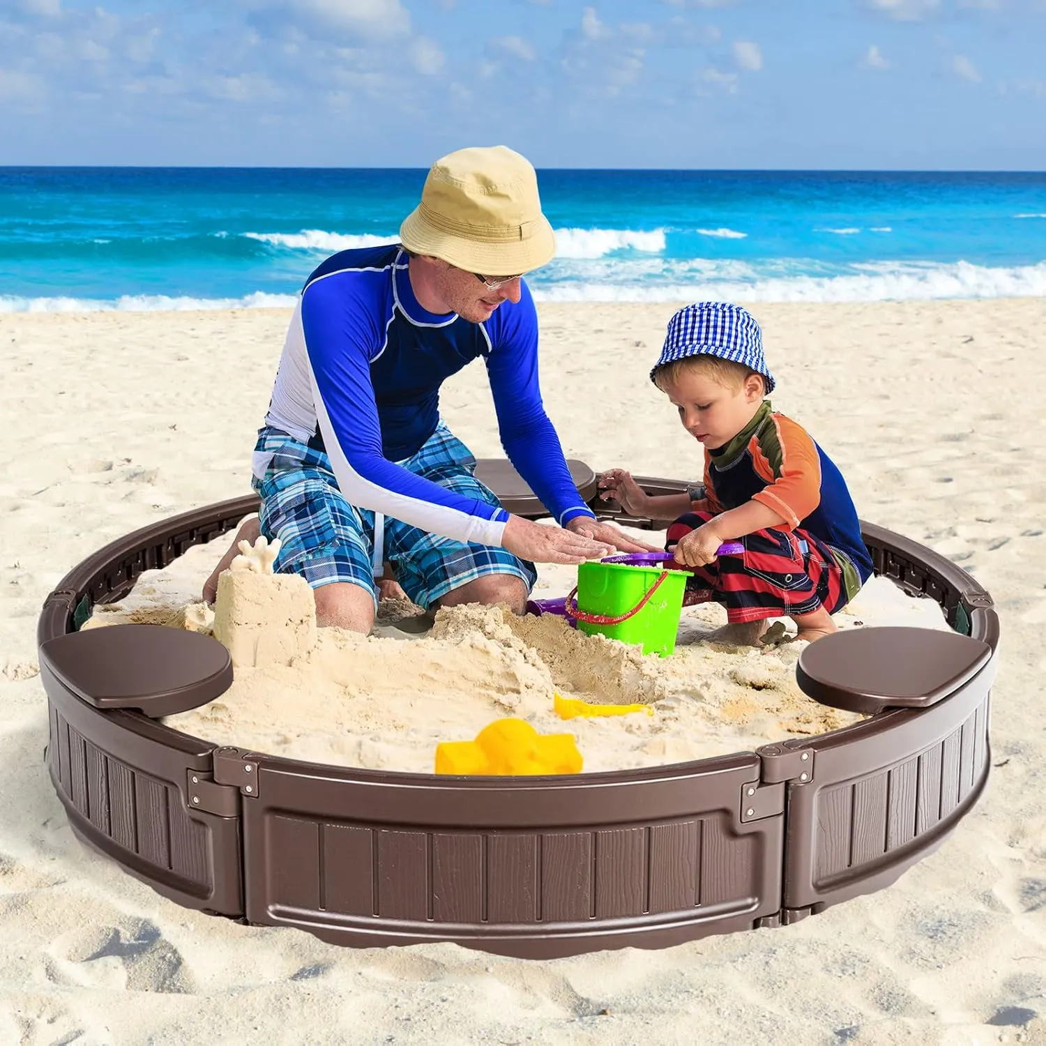 Sandbox with Cover, 4FT Round Sand Pit for Backyard, 3 Built-in Seating & Bottom Drainage Liner, All Weather Resistant tycoon sheer salon memorial rod Sand Boxes for Kids Outdoor with Lid��Brown HONEY JOY 