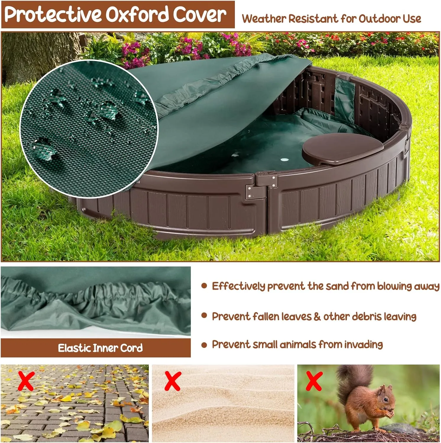 Sandbox with Cover, 4FT Round Sand Pit for Backyard, 3 Built-in Seating & Bottom Drainage Liner, All Weather Resistant tycoon sheer salon memorial rod Sand Boxes for Kids Outdoor with Lid��Brown HONEY JOY 