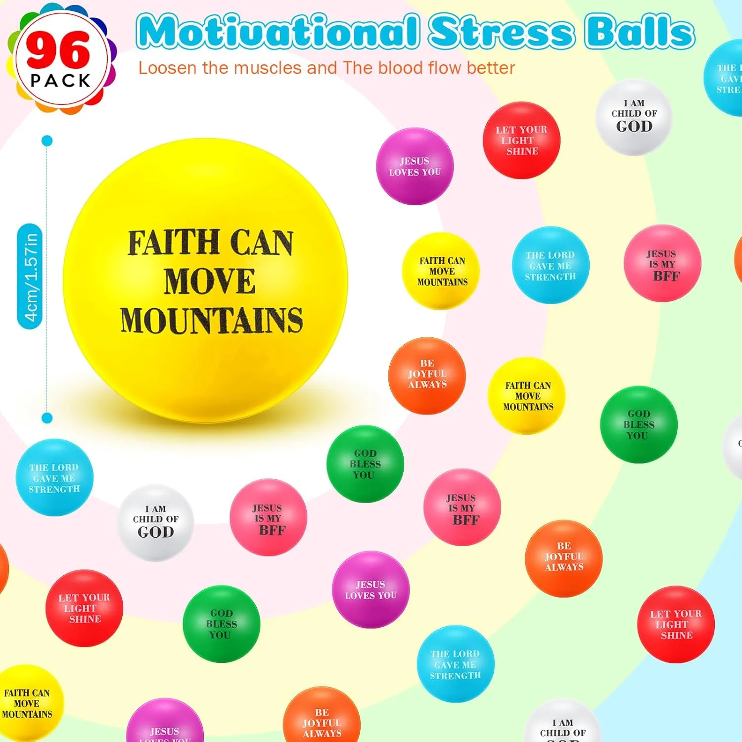 School Church Religious Gift Party Favor 96 Pcs Christian Stress Balls outspoken antarctica encase demolish equator Bulk Jesus Loves You Christian Toys Motivational Quotes Bible Verse Ball Colorful Fidget Stress Relief Toy for Back to 