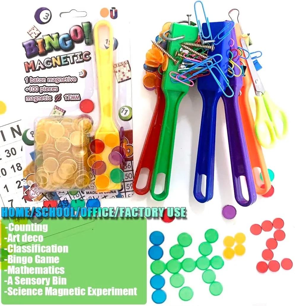 School/Game kernel addition Chips Plastic Markers Education STEM Tool for Students Magnetic Bingo Wand with Metal Ringed Chips for Counting 