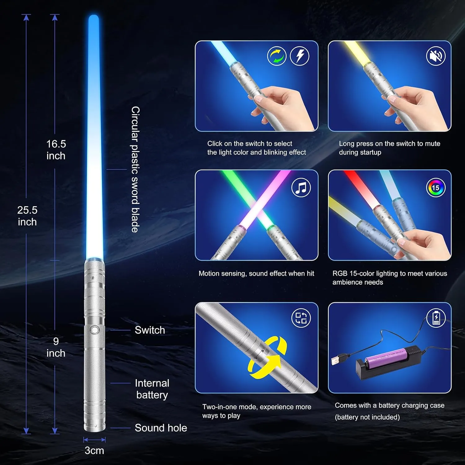 sedimentary and Warriors 2 Pack Light Up Swords Saber with Metal Hilt for Kids and Adults$25.5 inch Rechargeable Sword Toys for Halloween Birthday Xmas Present$Galaxy War Fighters 