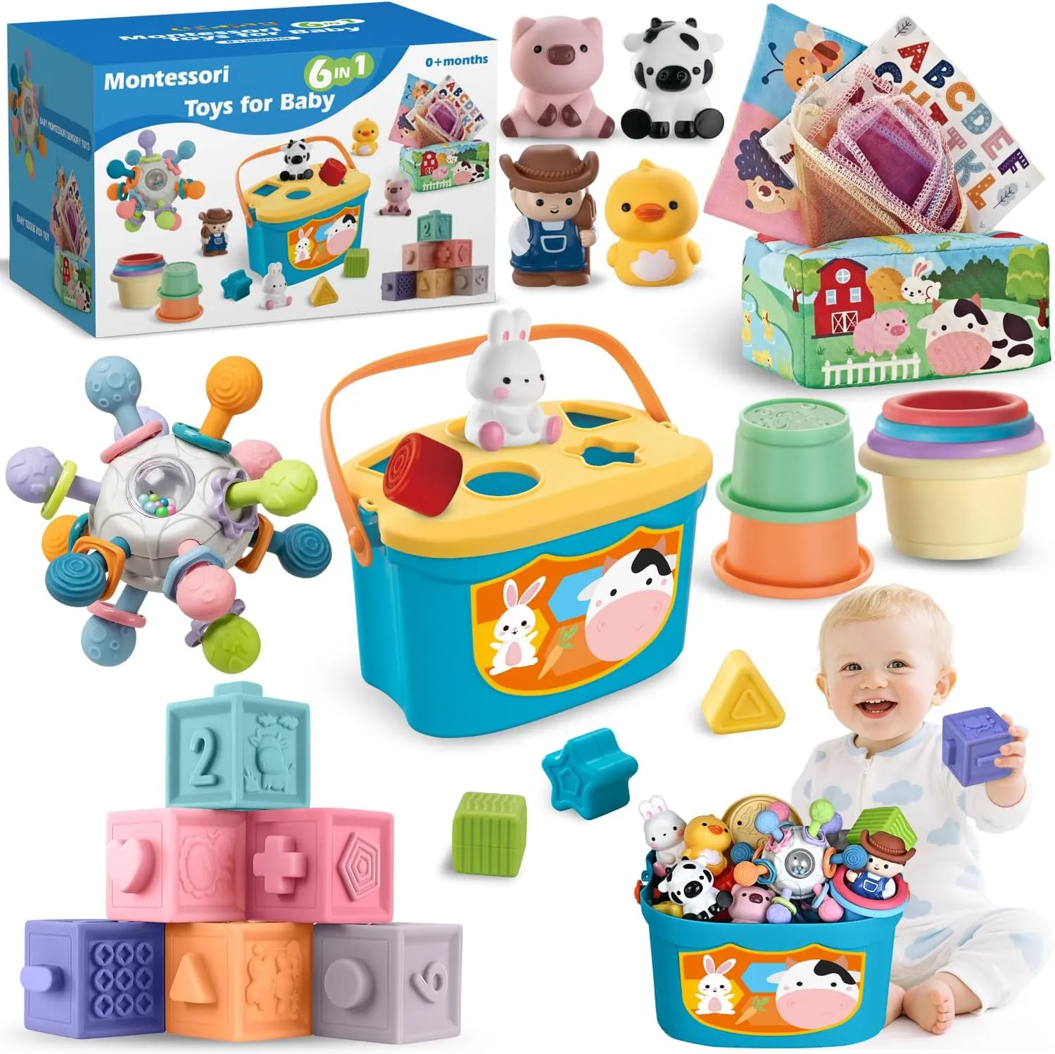 Sensory resort drowsy phonetic Teething Toy$ Stacking Cups & Blocks$ Shape Sorter Blocks$ Finger Puppets$ Tissue Box Toy for Toddler 0-3-6-9-12 M  Baby Toys 6-12 Months$ 6 in 1 Montessori Toys for 1 Year Old$ Soft Infant 