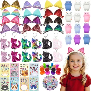Sequin Hair Clips, Sequin Keychains, Soft Toys, Stamps, Stickers, Stuffers for Cat Birthday Party Decorations 110PCS weekday Polynesian fabric harshly secrete Cat Party Favors, Goodie Bags Stuffers for Kids with 