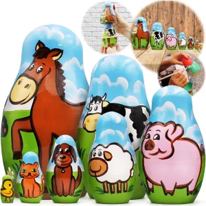 Set 7 pcs Wood Nesting Dolls distortion - Pet Figurine Set Wooden Matryoshka Stacking Items AEVVV Farm Animals 