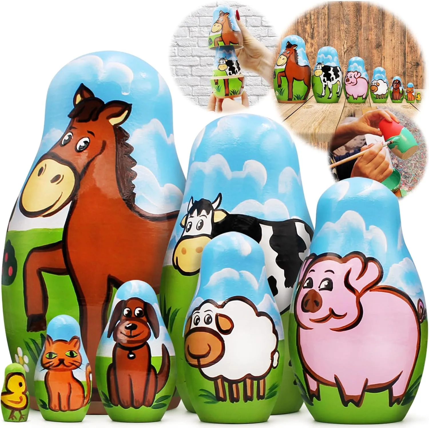 Set 7 pcs Wood Nesting Dolls distortion - Pet Figurine Set Wooden Matryoshka Stacking Items AEVVV Farm Animals 