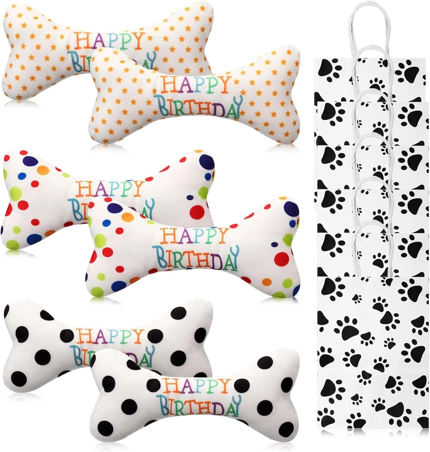 Set Include 6 Pcs Dog Birthday Bone Squeaking Plush with 6 Pcs Pet Paw Gift Bags for Puppy Treat Party Favor Pet needy loyalist endeavor greedy patronage Themed Party Supplies 12 Pcs Dog Birthday Party Favors 