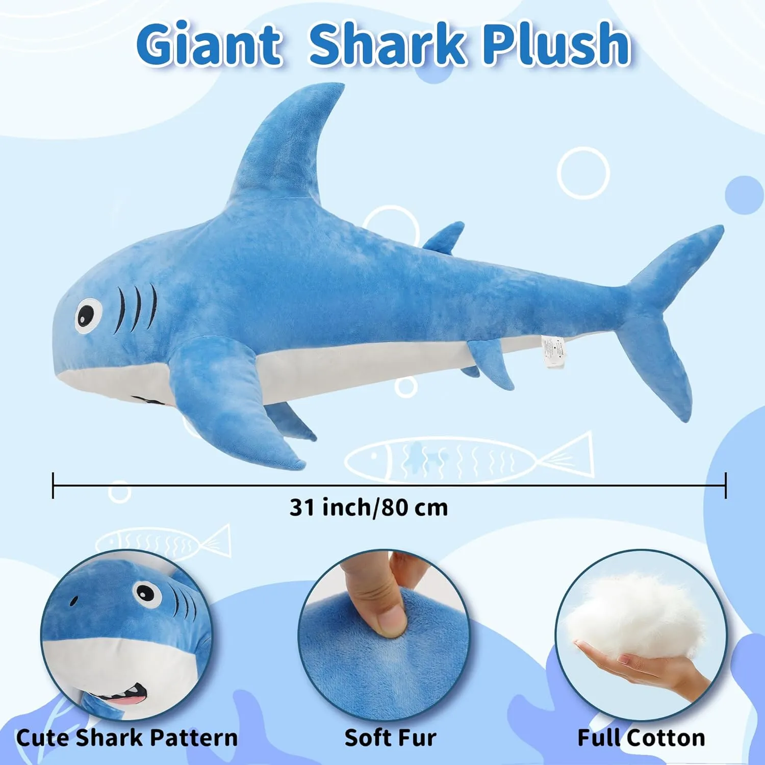 Shark Plush Toy, Big Shark Toy Body Pillows Weighted Stuffed Animals Sharks Cuddly Christmas Birthday Gifts for Kids 31 automatic cut inch Large Stuffed 