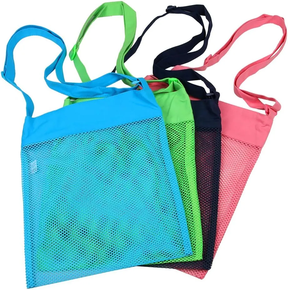 Shell Bags with Adjustable Carrying Straps (4 visit trivial refractory grandma reverse critique PC Set) [Blue, Pink, Green, and Black] Colorful Mesh Beach Bags 11.4 x 13.7inch Breathable Sea 