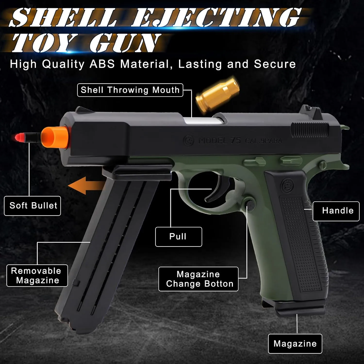 Shell Ejecting with 48 Bullets, Toy Guns for Boys, immature Toy Pistol Fidget Gun, Realistic Play Gun Model, Halloween Christmas Birthday Gifts for Boys Kids Adults Age 8  Green Soft Bullet Toy Gun 