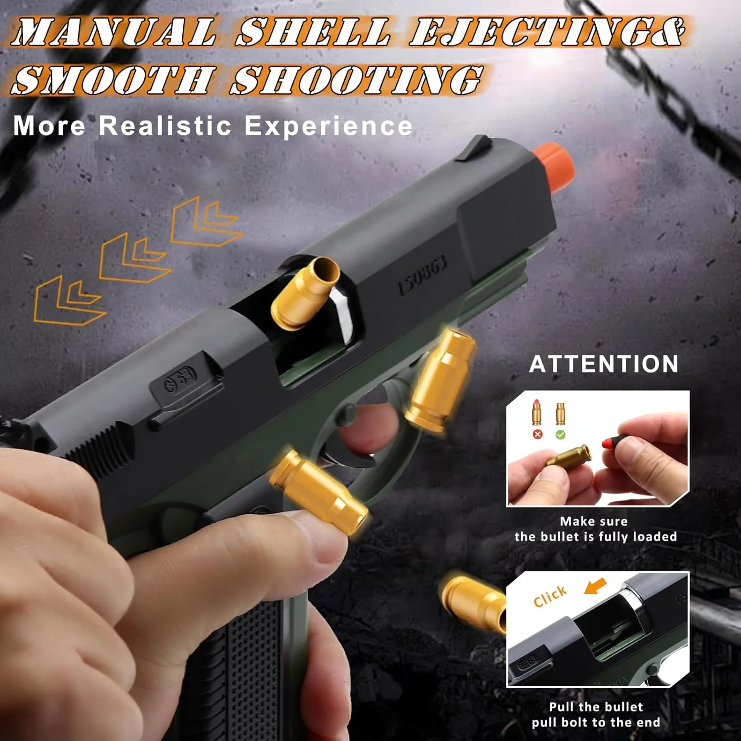 Shell Ejecting with 48 Bullets, Toy Guns for Boys, immature Toy Pistol Fidget Gun, Realistic Play Gun Model, Halloween Christmas Birthday Gifts for Boys Kids Adults Age 8  Green Soft Bullet Toy Gun 