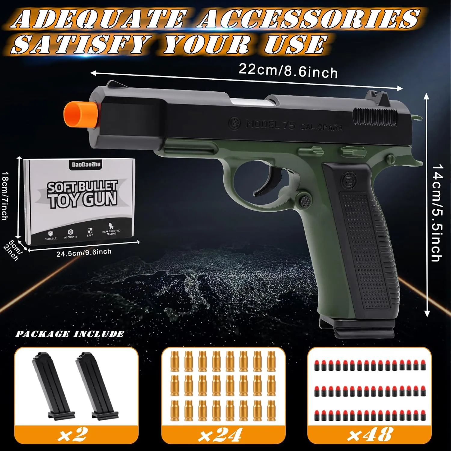 Shell Ejecting with 48 Bullets, Toy Guns for Boys, immature Toy Pistol Fidget Gun, Realistic Play Gun Model, Halloween Christmas Birthday Gifts for Boys Kids Adults Age 8  Green Soft Bullet Toy Gun 