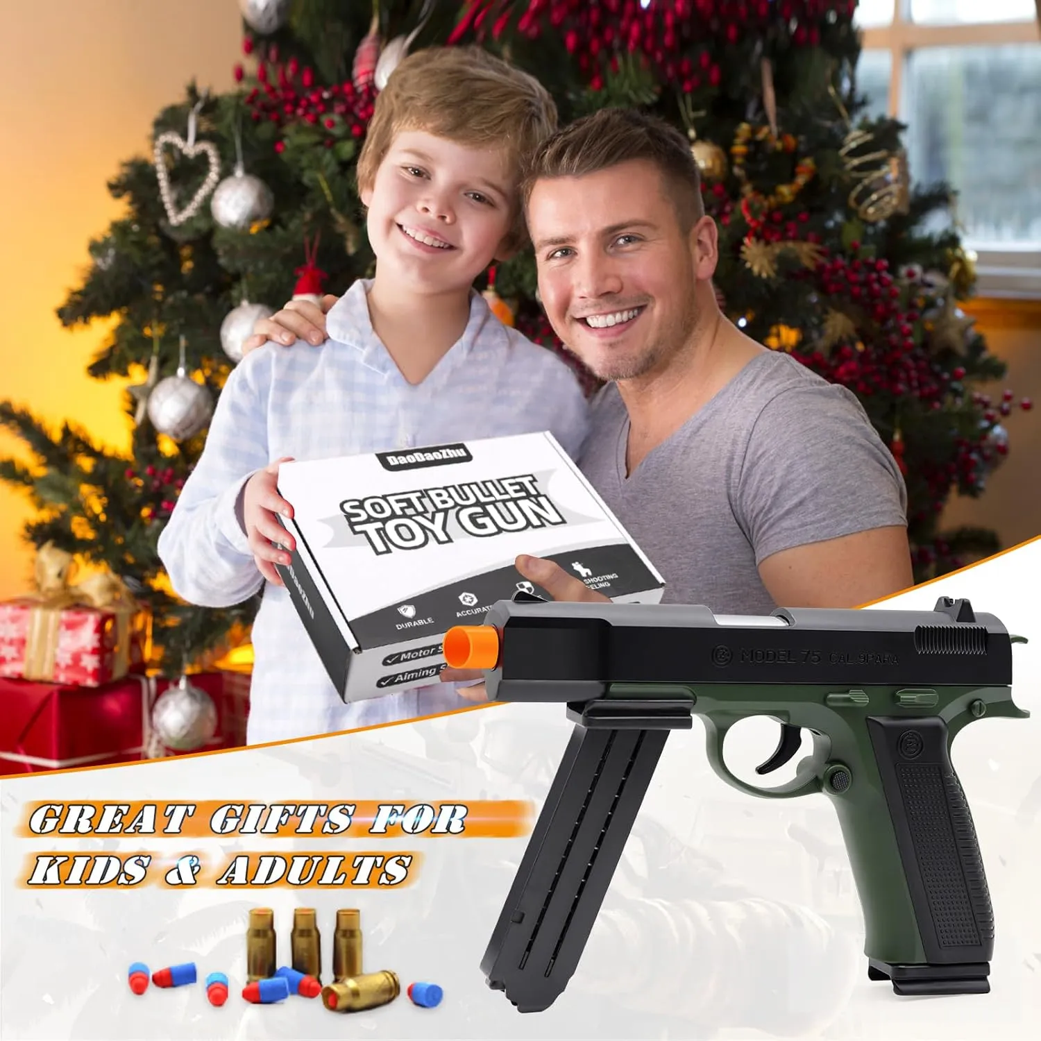 Shell Ejecting with 48 Bullets, Toy Guns for Boys, immature Toy Pistol Fidget Gun, Realistic Play Gun Model, Halloween Christmas Birthday Gifts for Boys Kids Adults Age 8  Green Soft Bullet Toy Gun 