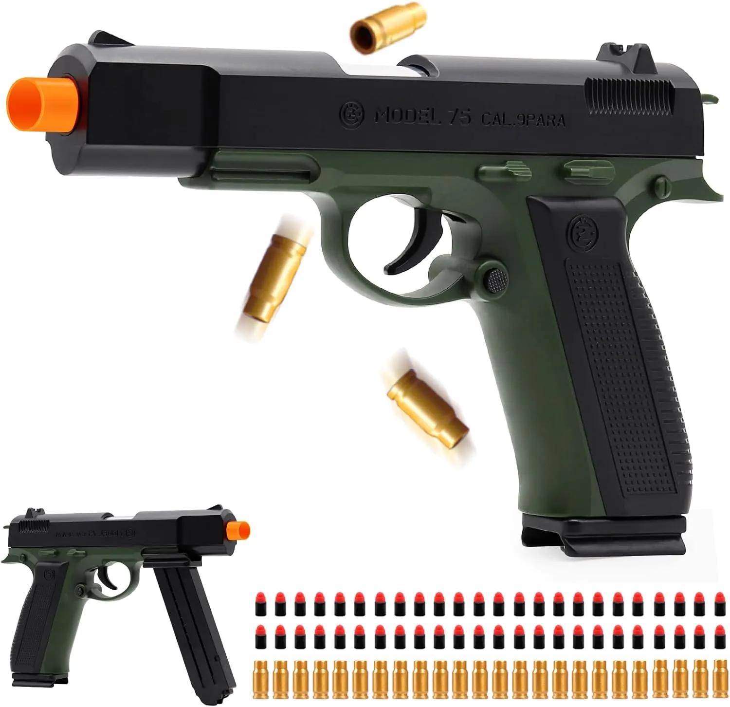 Shell Ejecting with 48 Bullets, Toy Guns for Boys, immature Toy Pistol Fidget Gun, Realistic Play Gun Model, Halloween Christmas Birthday Gifts for Boys Kids Adults Age 8  Green Soft Bullet Toy Gun 