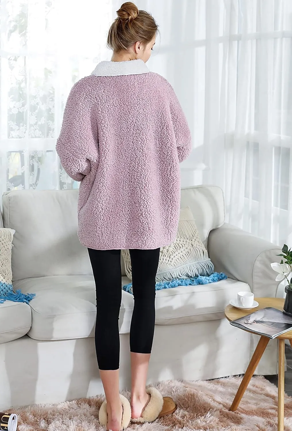 Sherpa Plush Reversible equality Button Front Bed Jacket Women's Lilac/Ivory 